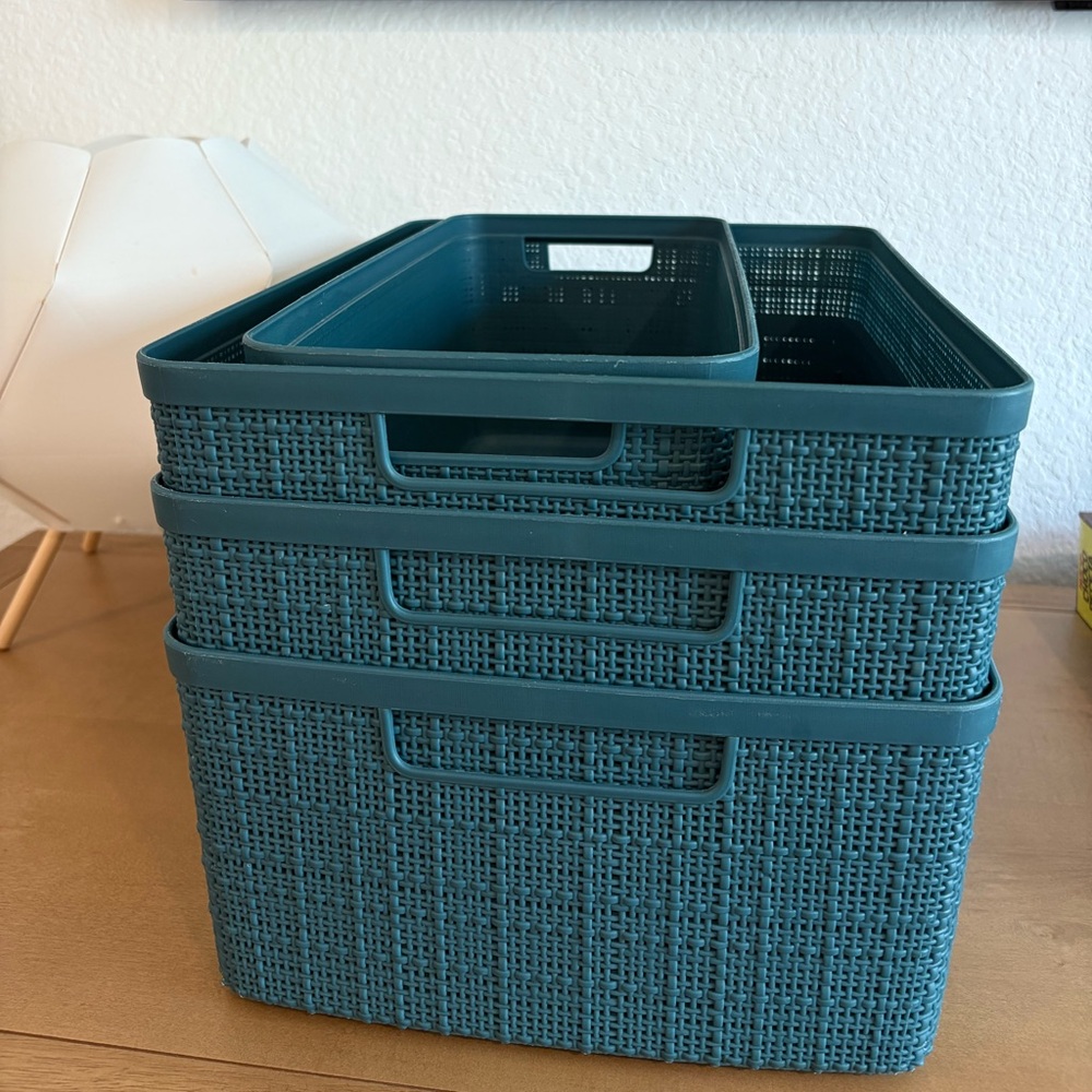 Teal Navy Woven Storage Baskets